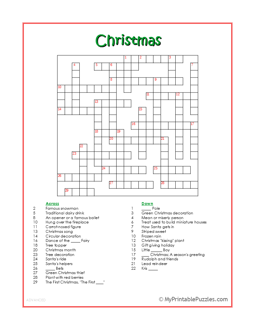 Christmas Crossword Puzzle - Advanced | My Printable Puzzles
