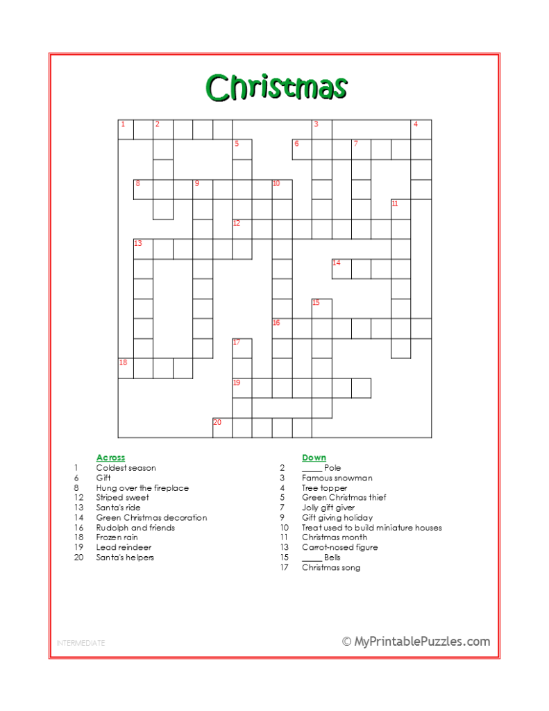 Christmas Crossword Puzzle - Intermediate | My Printable Puzzles