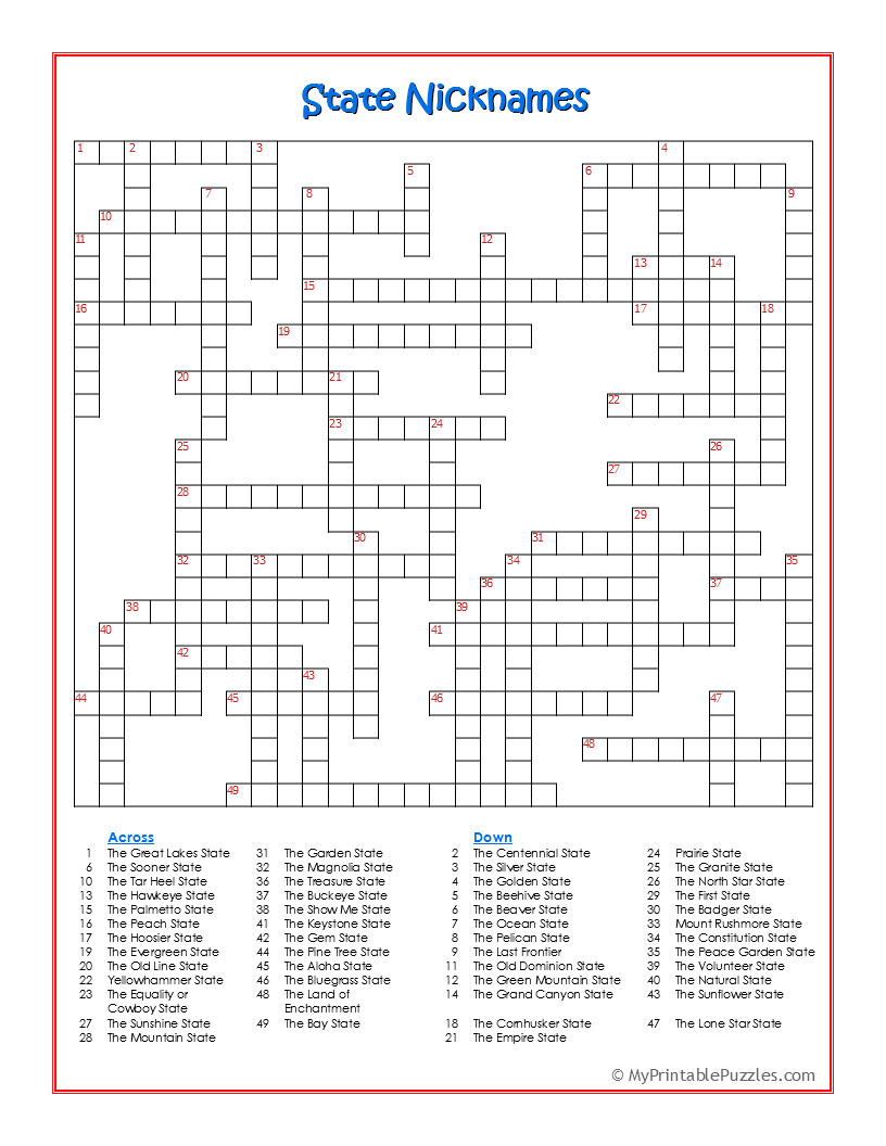State Nicknames Crossword Puzzle My Printable Puzzles