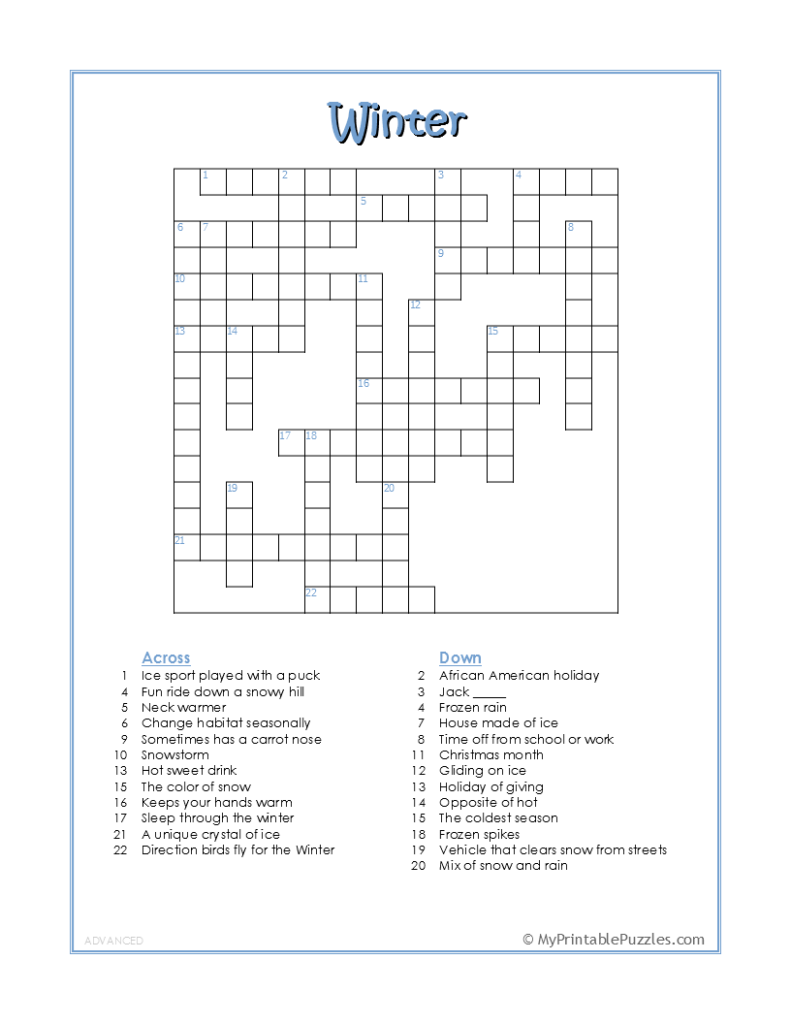 Winter Crossword Puzzle - Advanced | My Printable Puzzles