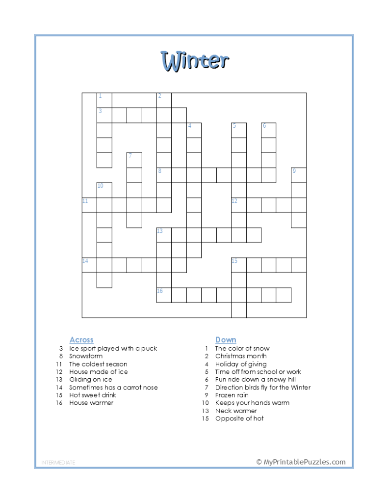 Winter Crossword Puzzle Intermediate My Printable Puzzles