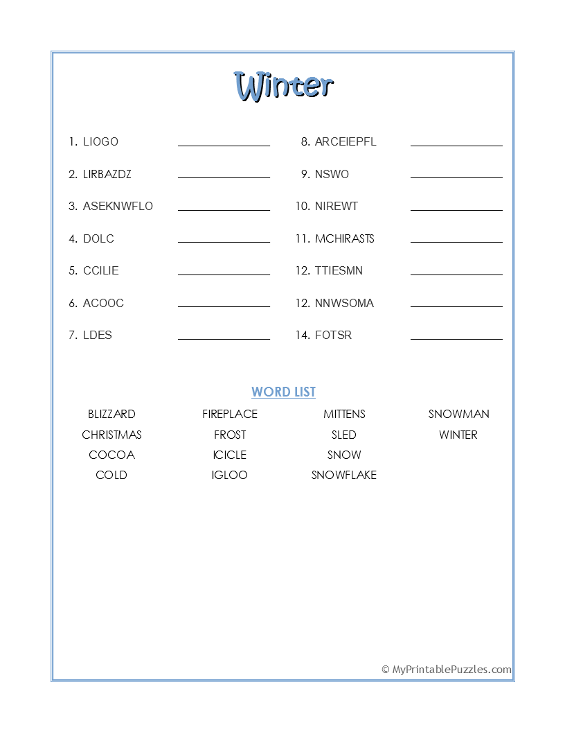 Winter Word Scramble Answers