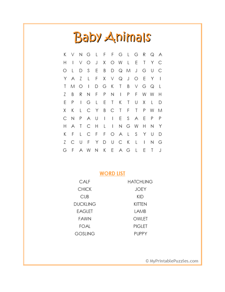 Baby Animals Word Search My Printable Puzzles