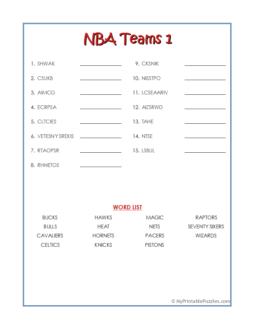 Nba Team Word Search Printable