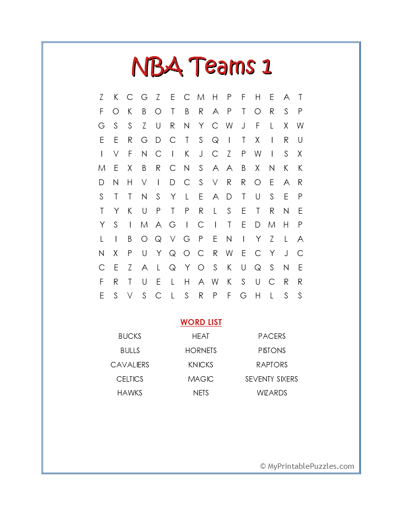 NBA Teams 1 Word Search My Printable Puzzles