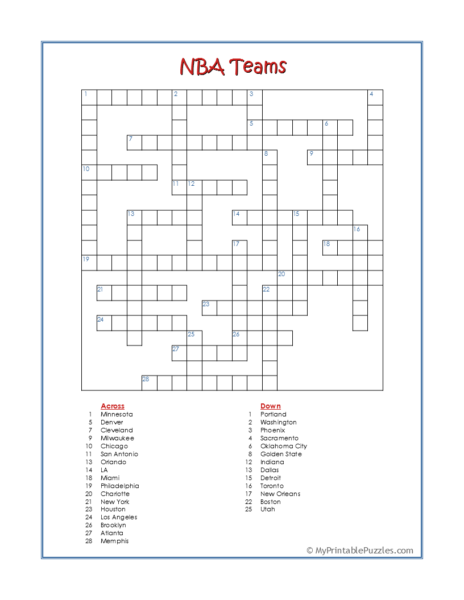 NBA Teams Crossword Puzzle My Printable Puzzles