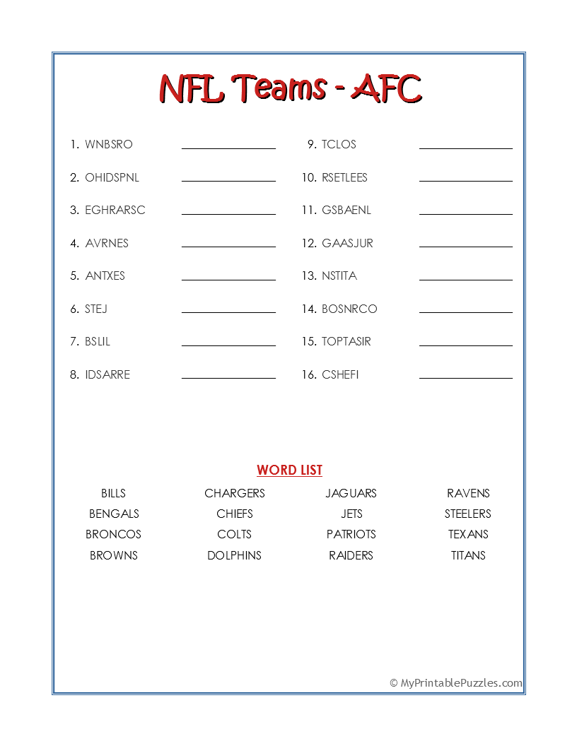 Printable Nfl Team Word Search