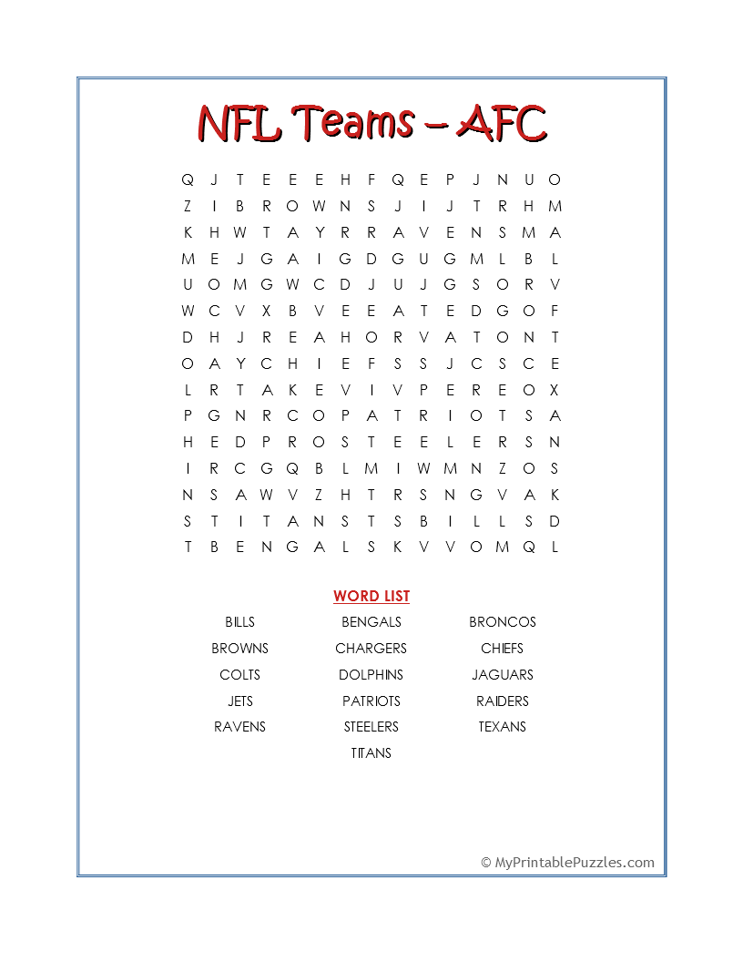 nfl teams afc word search my printable puzzles