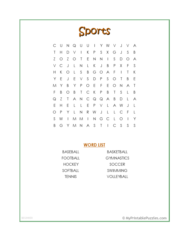 Sports Word Search Beginner My Printable Puzzles