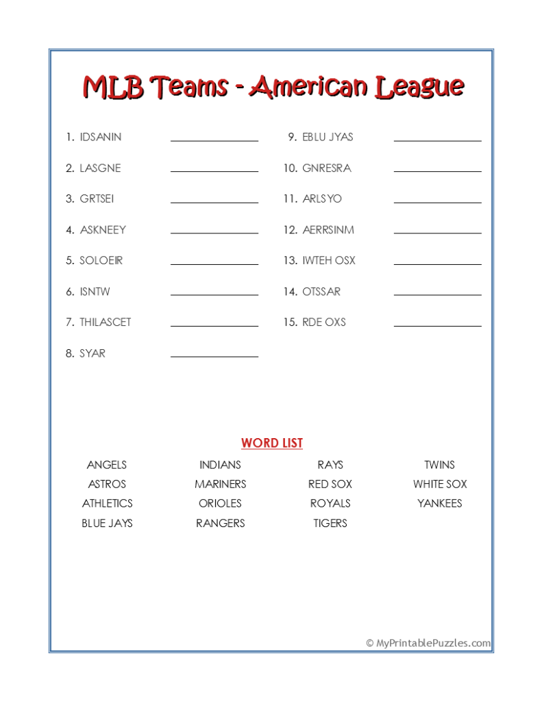 MLB Teams American League Word Scramble My Printable Puzzles