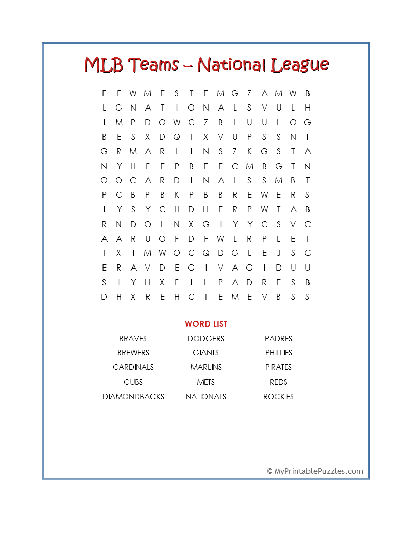 MLB Teams National League Word Search My Printable Puzzles